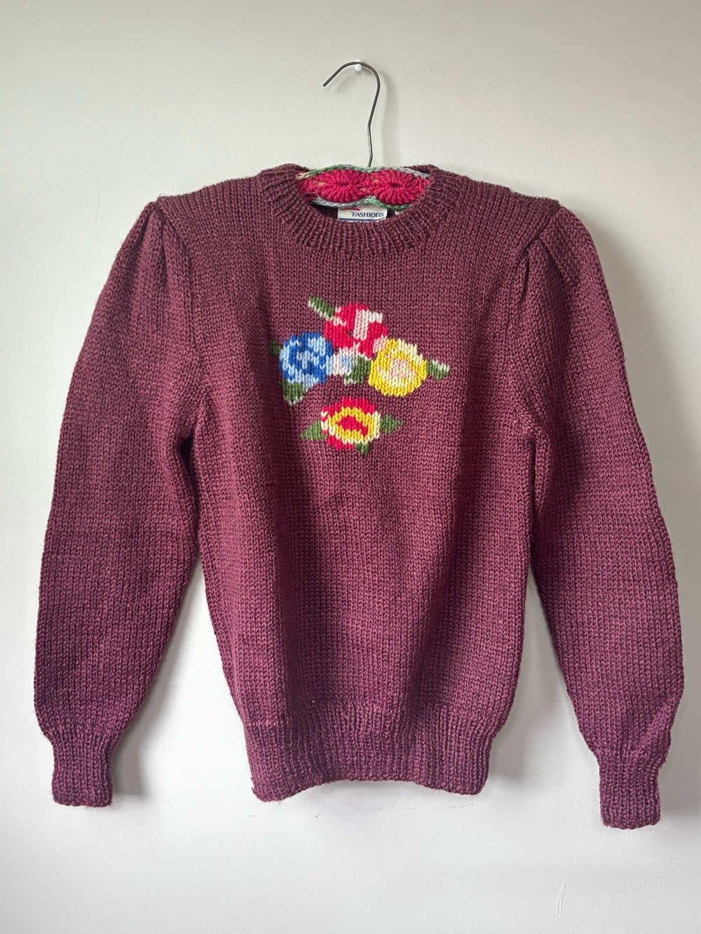 Vintage Mauve Floral Intarsia Crewneck Sweater